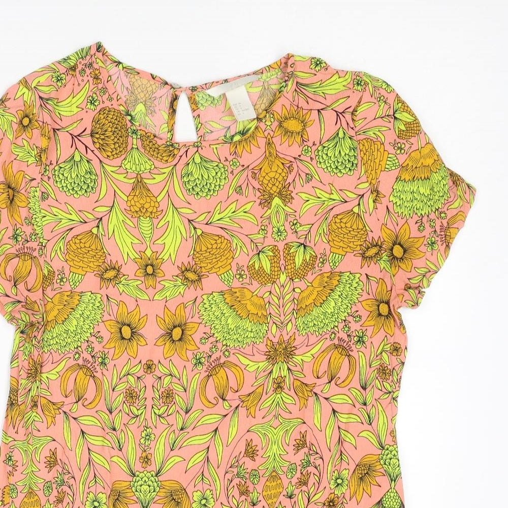 H&M Womens Multicoloured Geometric Viscose Basic T-Shirt Size 8 Round Neck