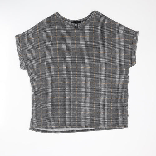 New Look Womens Grey Plaid Polyester Basic T-Shirt Size M Round Neck