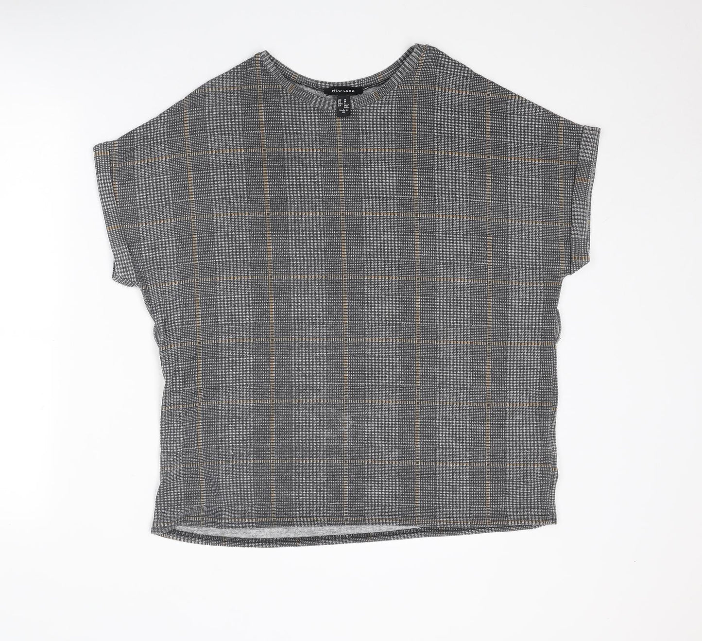 New Look Womens Grey Plaid Polyester Basic T-Shirt Size M Round Neck