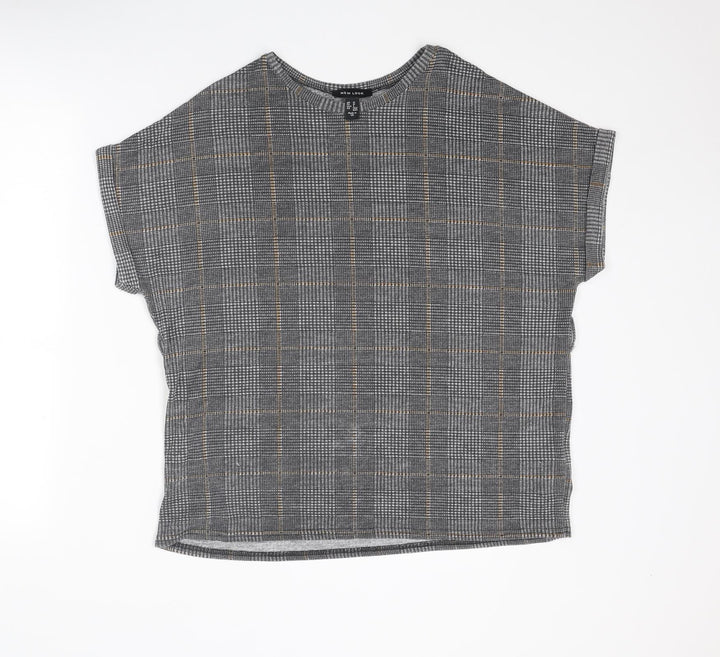New Look Womens Grey Plaid Polyester Basic T-Shirt Size M Round Neck