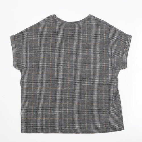 New Look Womens Grey Plaid Polyester Basic T-Shirt Size M Round Neck