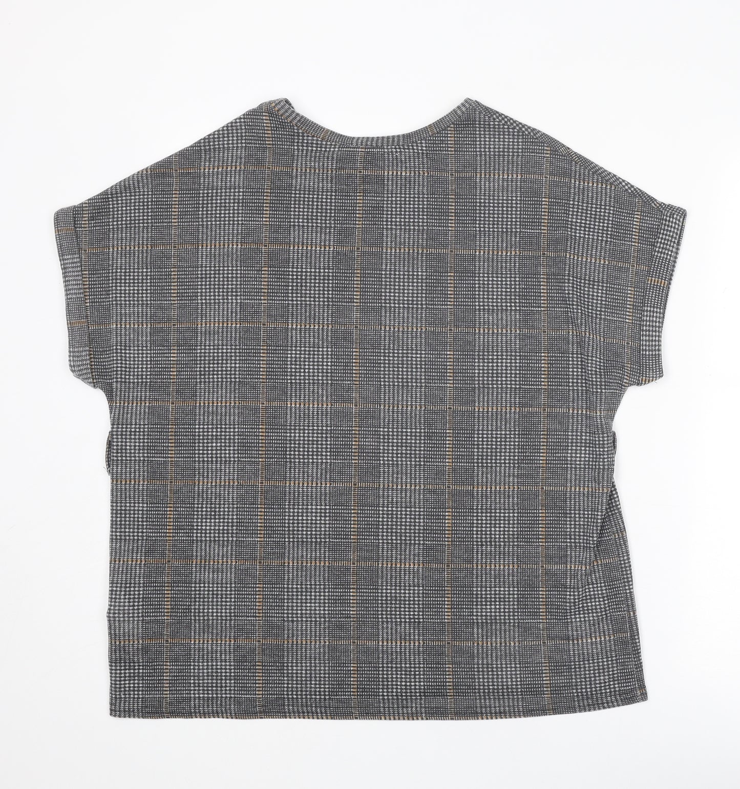 New Look Womens Grey Plaid Polyester Basic T-Shirt Size M Round Neck