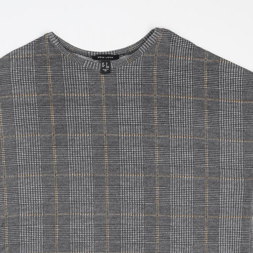 New Look Womens Grey Plaid Polyester Basic T-Shirt Size M Round Neck