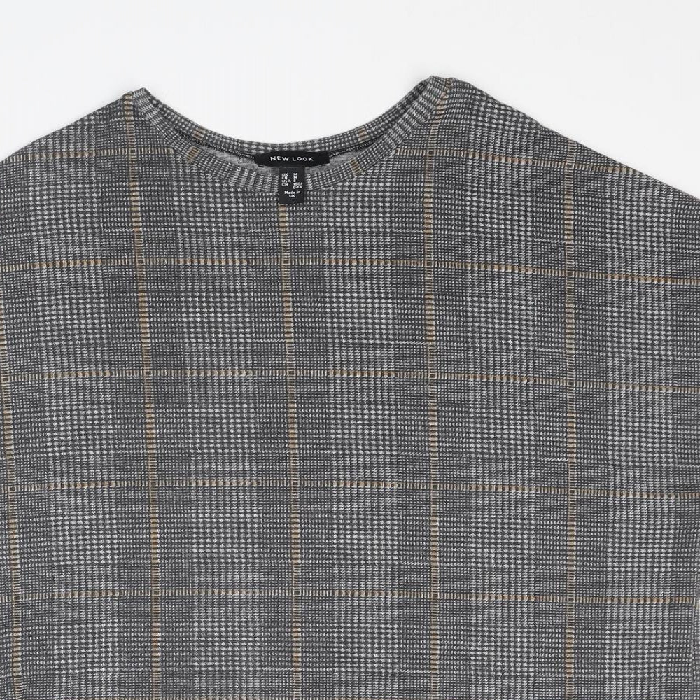 New Look Womens Grey Plaid Polyester Basic T-Shirt Size M Round Neck