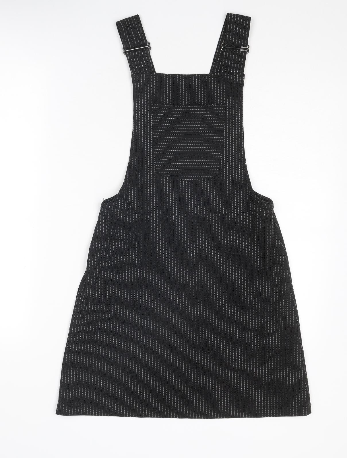 Topshop Womens Black Striped Polyester Pinafore/Dungaree Dress Size 6 Square Neck Pullover
