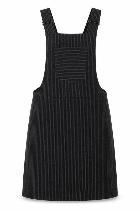 Front view of Topshop women’s black striped polyester pinafore/dungaree dress, size UK 6, square neck pullover