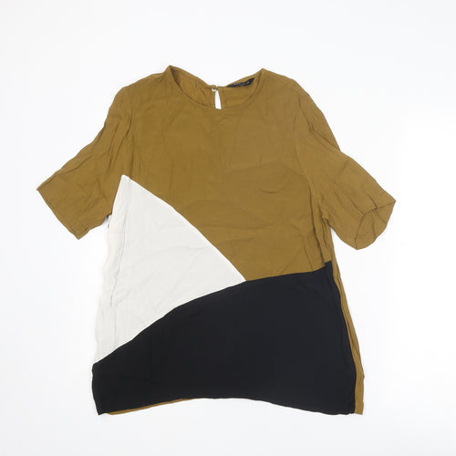 New Look Womens Brown Geometric Viscose Basic Blouse Size 14 Round Neck