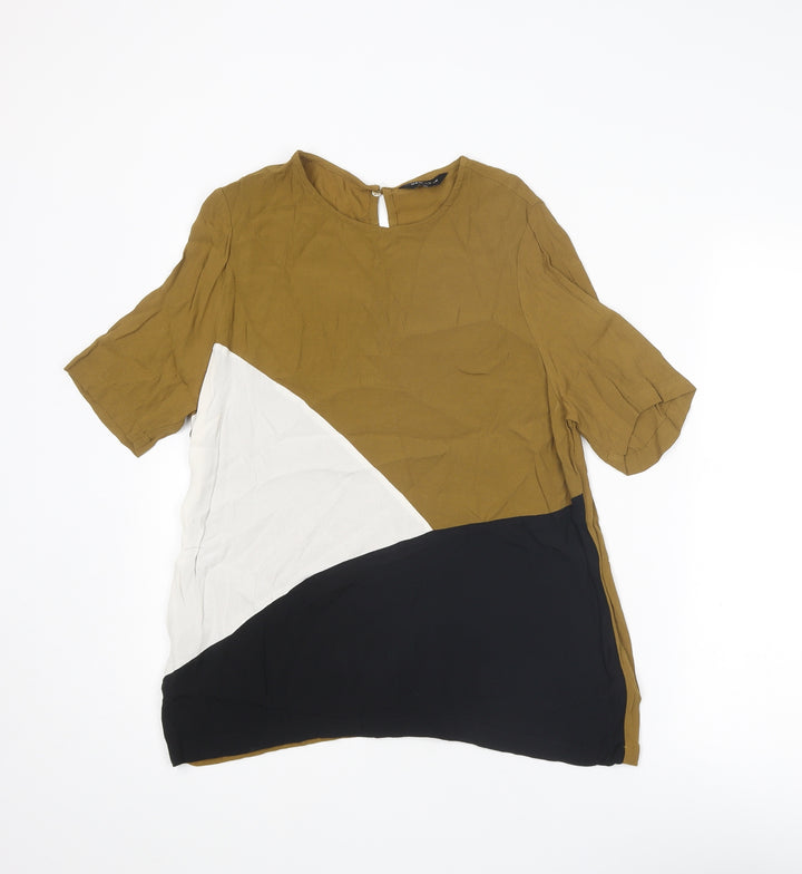 New Look Womens Brown Geometric Viscose Basic Blouse Size 14 Round Neck