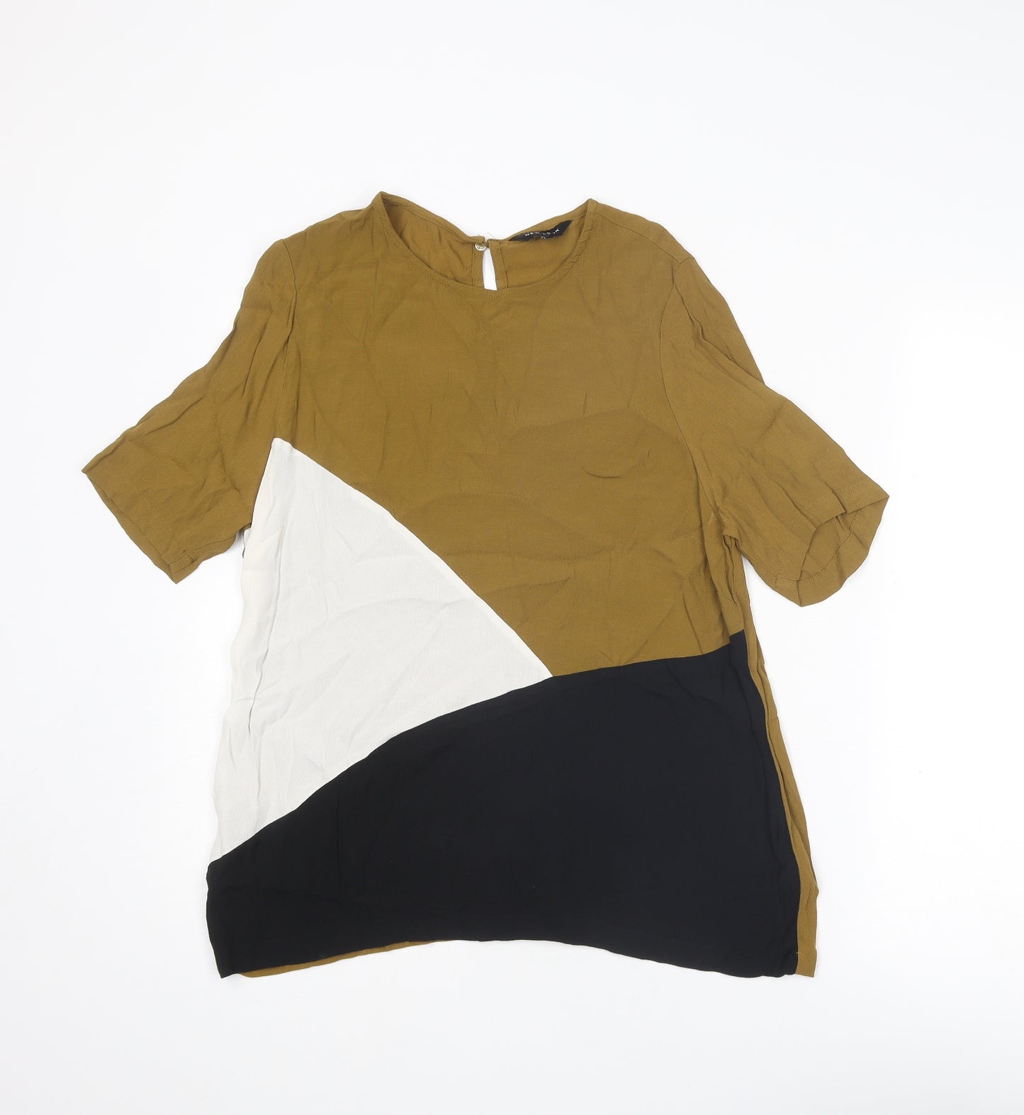 New Look Womens Brown Geometric Viscose Basic Blouse Size 14 Round Neck