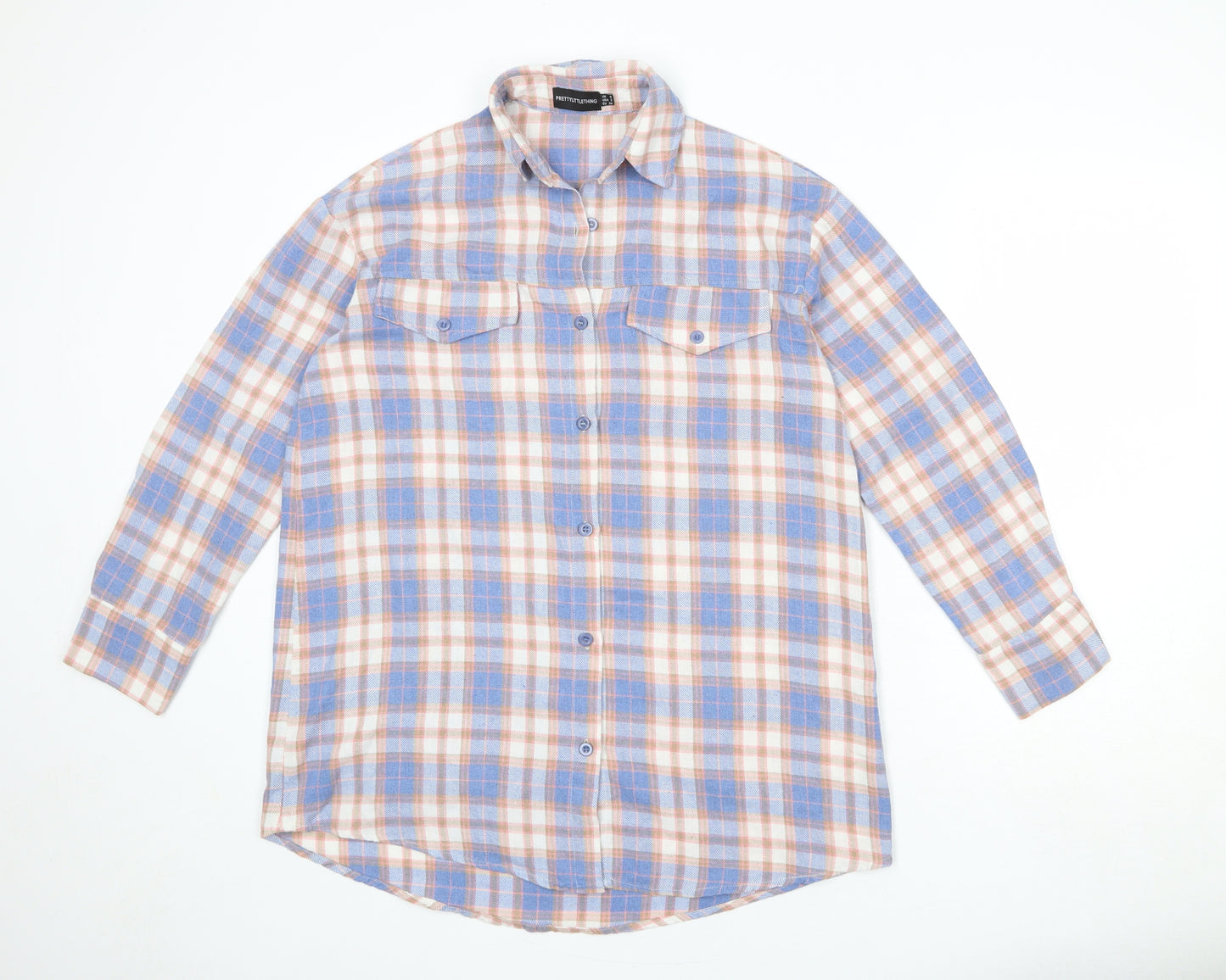 PRETTYLITTLETHING Womens Multicoloured Plaid Polyester Basic Button-Up Size 6 Collared