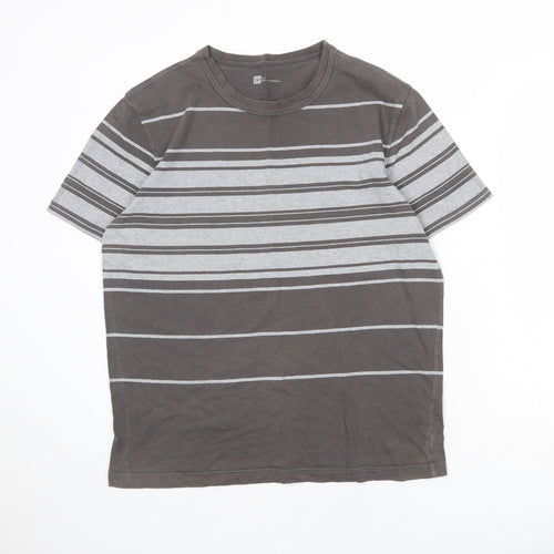 Gap Mens Brown Striped Cotton T-Shirt Size L Round Neck