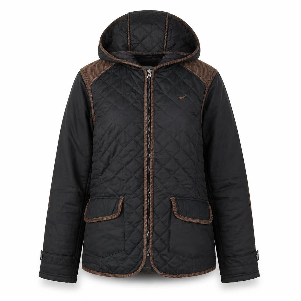 Front view of Blonde + Blonde women’s black quilted jacket, size UK 10, zip