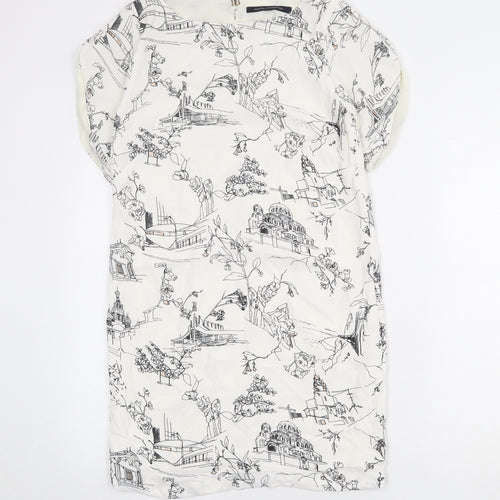 French Connection Womens Ivory Geometric Viscose A-Line Size 6 Round Neck Button - illustration print