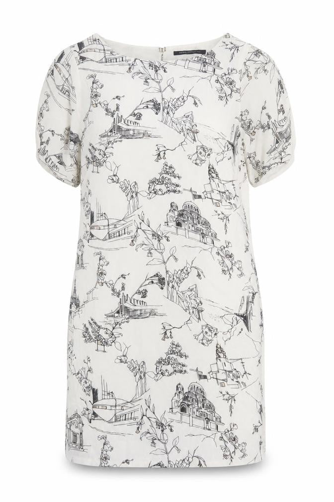 French Connection Womens Ivory Geometric Viscose A-Line Size 6 Round Neck Button - illustration print