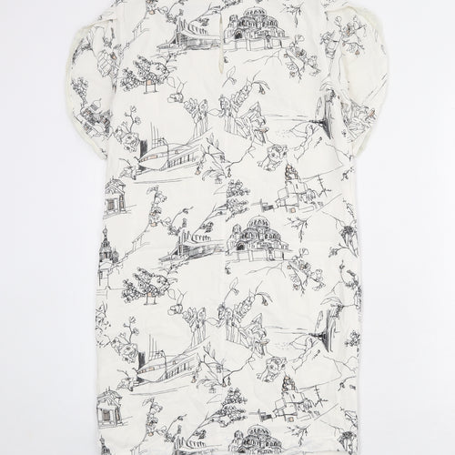 French Connection Womens Ivory Geometric Viscose A-Line Size 6 Round Neck Button - illustration print