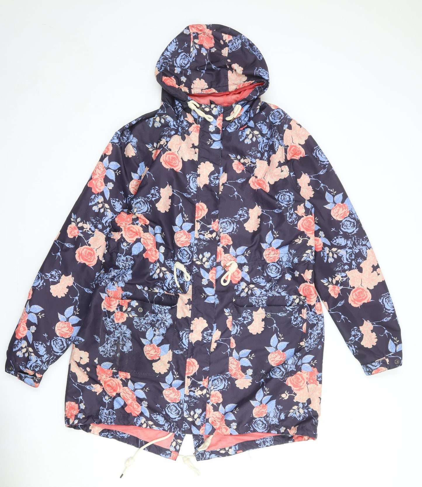 Crane Womens Blue Floral Overcoat Coat Size L Zip