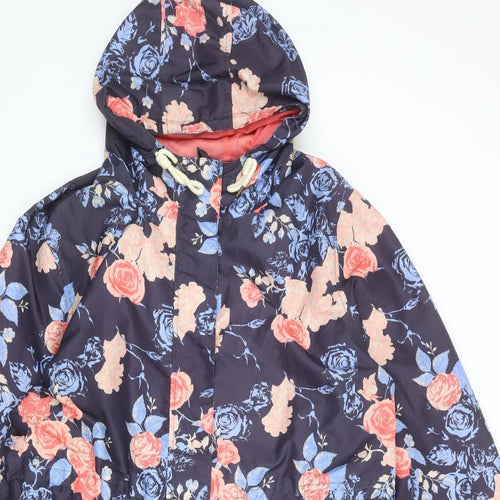 Crane Womens Blue Floral Overcoat Coat Size L Zip