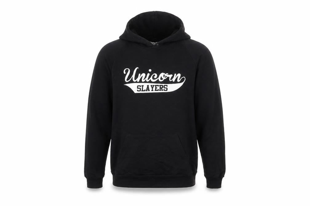 Front view of Markus Schulz men’s black polyester pullover hoodie, size L, - unicorn slayers
