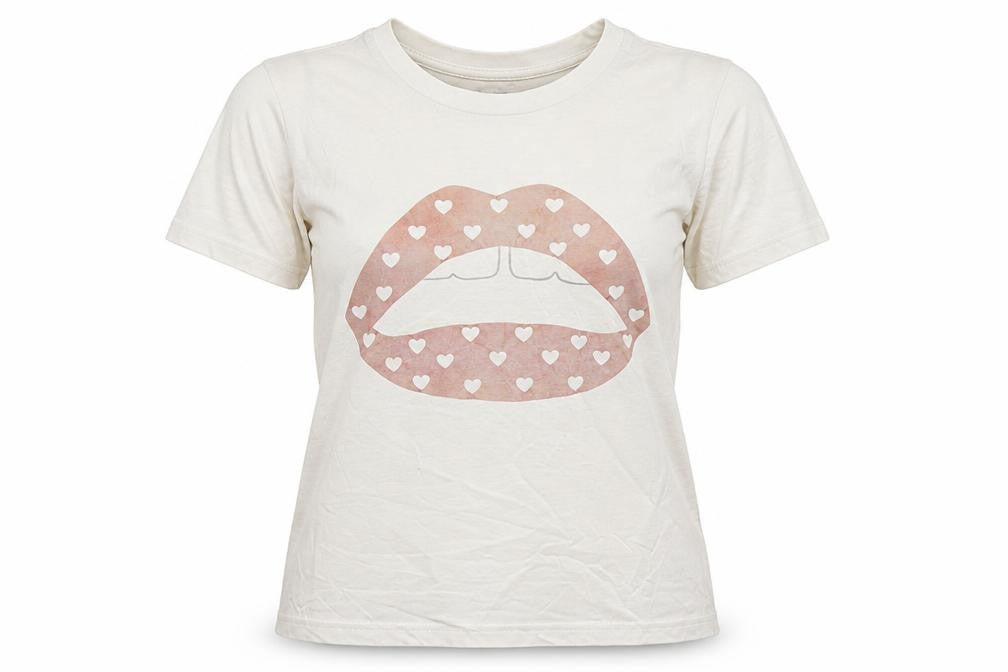 Front view of Markus Lupfer women’s white cotton basic t-shirt, size S, crew neck - heart pattern