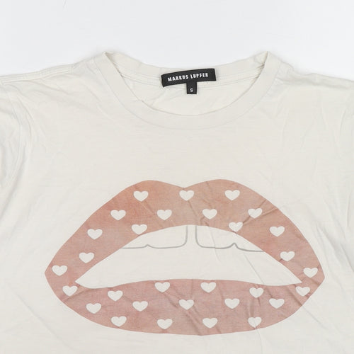 Markus Lupfer Womens White Cotton Basic T-Shirt Size S Crew Neck - Heart Pattern
