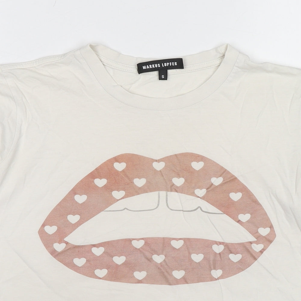 Markus Lupfer Womens White Cotton Basic T-Shirt Size S Crew Neck - Heart Pattern