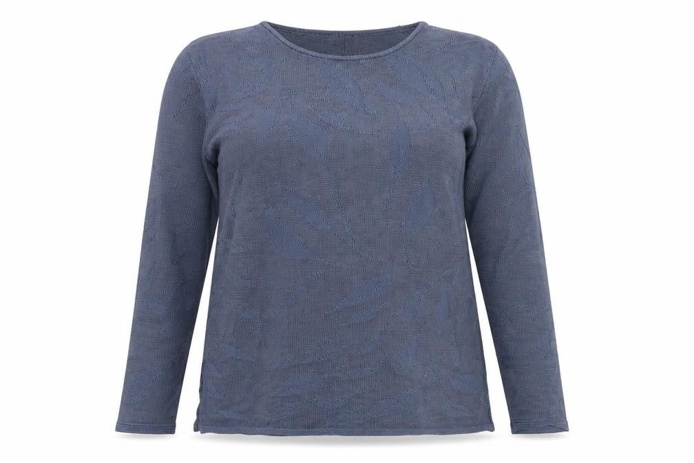 Front view of Marks & Spencer women’s blue round neck geometric acrylic jumper, size UK 14, - leaf print