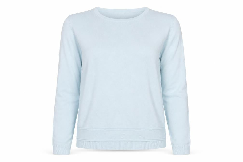 Front view of Vida Vi women’s blue round neck acrylic jumper, size M