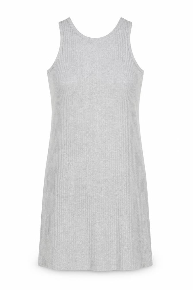 Front view of Monki women’s grey polyester tank dress, size M, round neck pullover