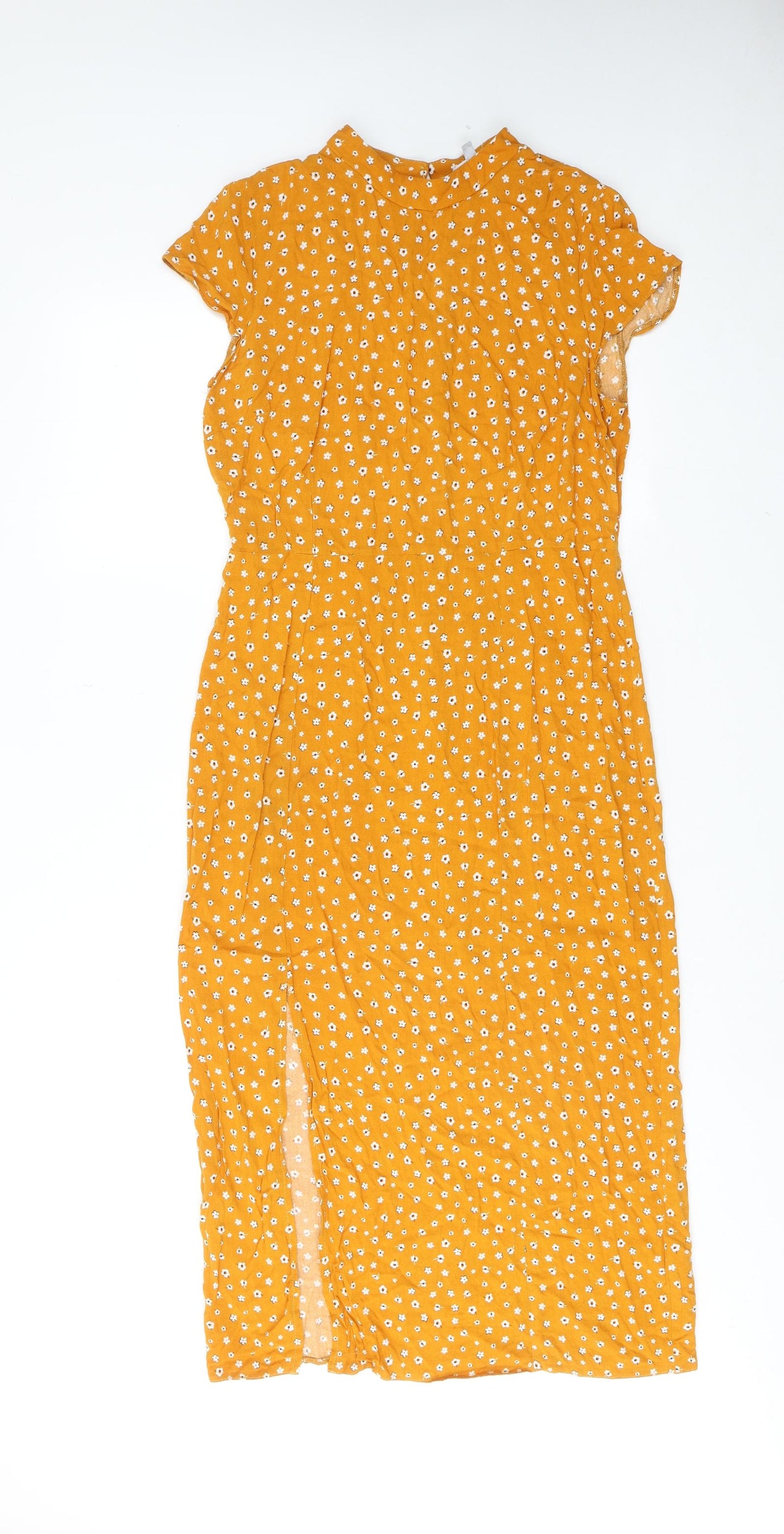 Red Herring Womens Yellow Floral Viscose A-Line Size 12 Round Neck Button
