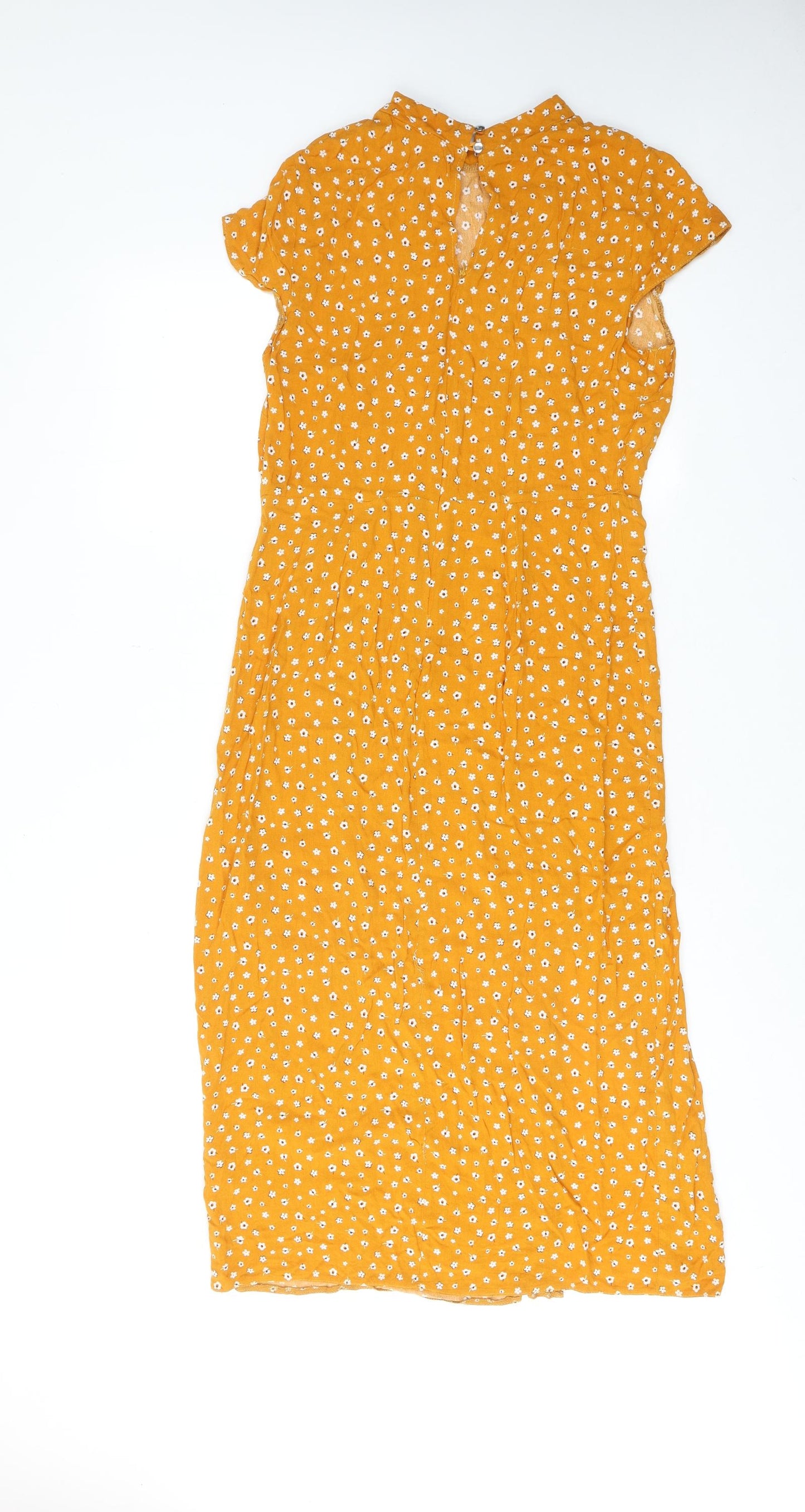 Red Herring Womens Yellow Floral Viscose A-Line Size 12 Round Neck Button