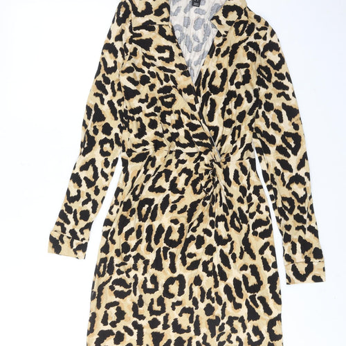 New Look Womens Brown Animal Print Viscose A-Line Size 10 Collared Pullover - Leopard pattern