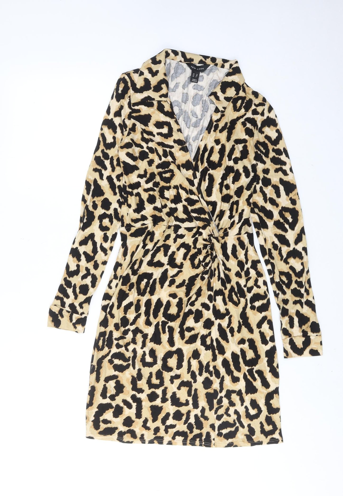 New Look Womens Brown Animal Print Viscose A-Line Size 10 Collared Pullover - Leopard pattern