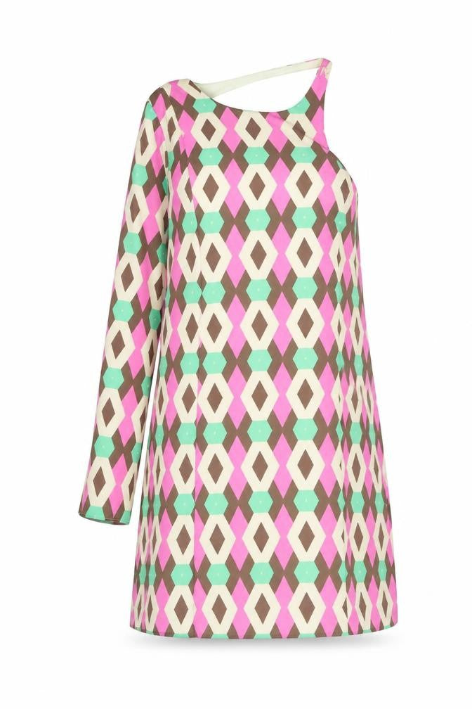 Front view of Zara women’s pink geometric polyester a-line, size XL, one shoulder button