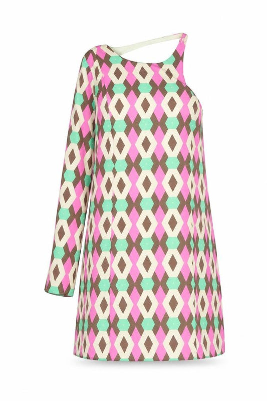 Front view of Zara women’s pink geometric polyester a-line, size XL, one shoulder button