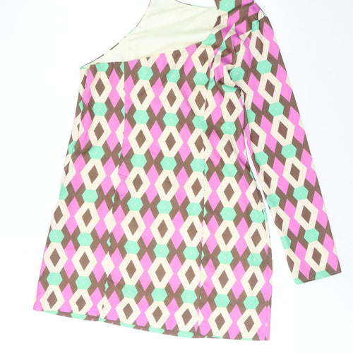 Zara Womens Pink Geometric Polyester A-Line Size XL One Shoulder Button