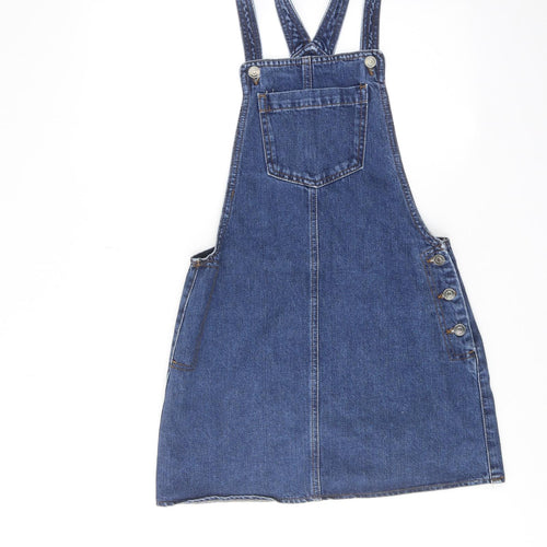 Topshop Womens Blue Cotton Pinafore/Dungaree Dress Size 8 Square Neck Button