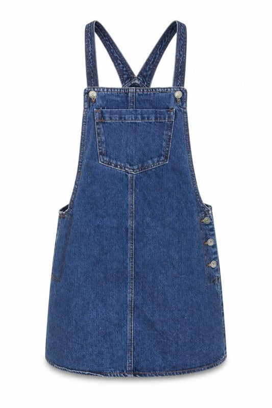 Front view of Topshop women’s blue cotton pinafore/dungaree dress, size UK 8, square neck button