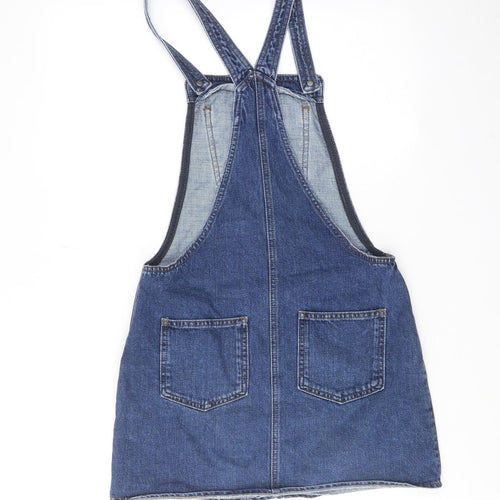 Topshop Womens Blue Cotton Pinafore/Dungaree Dress Size 8 Square Neck Button