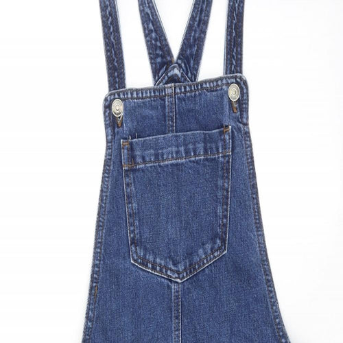 Topshop Womens Blue Cotton Pinafore/Dungaree Dress Size 8 Square Neck Button