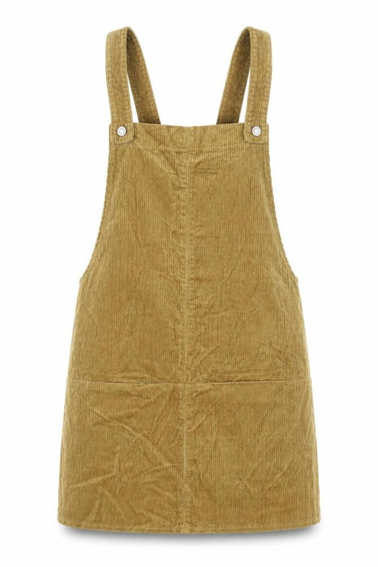Front view of Zara women’s brown cotton pinafore/dungaree dress, size XS, square neck button