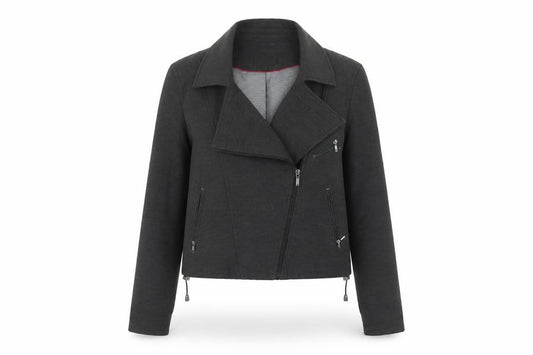 Front view of Next women’s grey biker jacket, size UK 10, zip