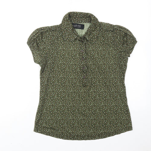 Zara Womens Green Floral Polyester Basic Button-Up Size L Collared