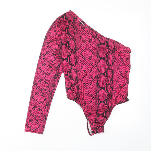 PRETTYLITTLETHING Womens Pink Animal Print Polyester Bodysuit One-Piece Size 14 Snap - Snakeskin Pattern