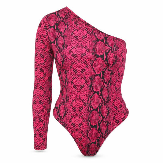Front view of PRETTYLITTLETHING women’s pink animal print polyester bodysuit one-piece, size UK 14, snap - snakeskin pattern
