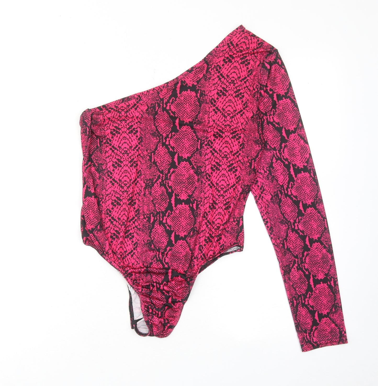 PRETTYLITTLETHING Womens Pink Animal Print Polyester Bodysuit One-Piece Size 14 Snap - Snakeskin Pattern