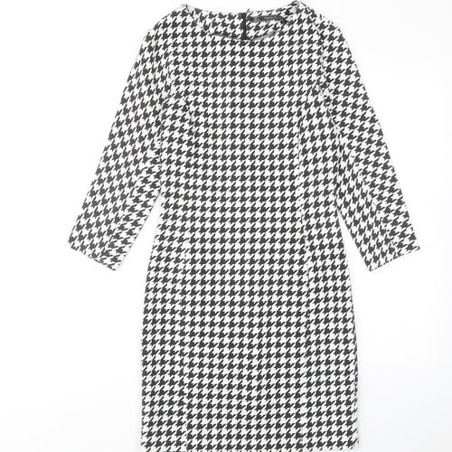 Zara Womens White Houndstooth Polyester Sheath Size S Round Neck Zip