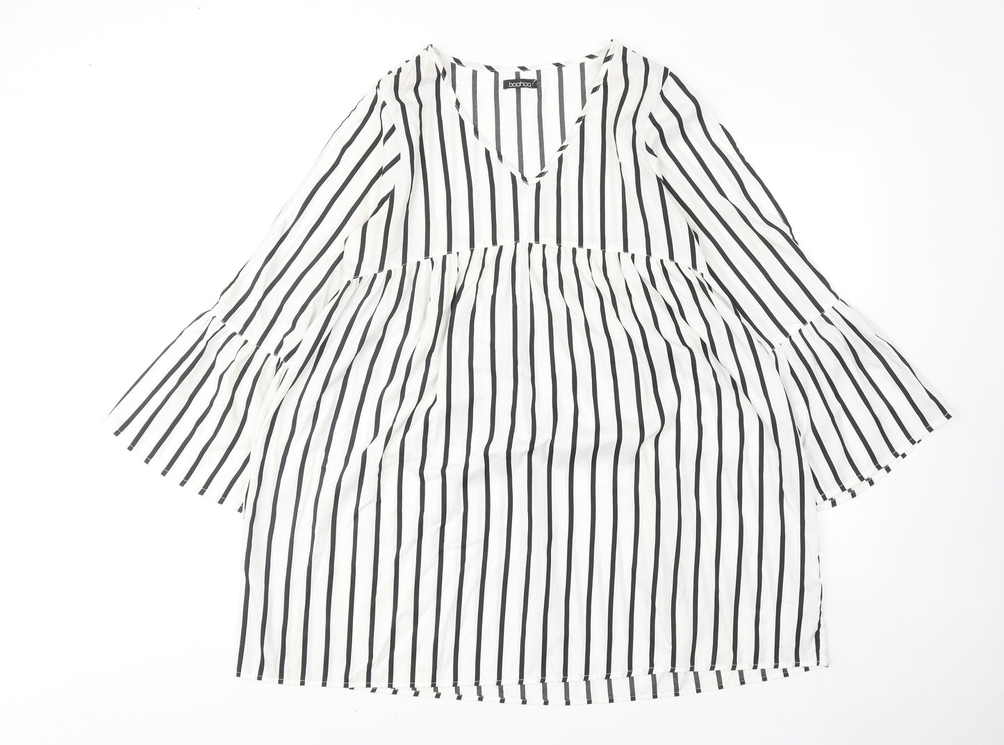Boohoo Womens White Striped Polyester A-Line Size 14 V-Neck Pullover