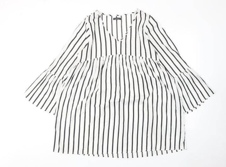 Boohoo Womens White Striped Polyester A-Line Size 14 V-Neck Pullover