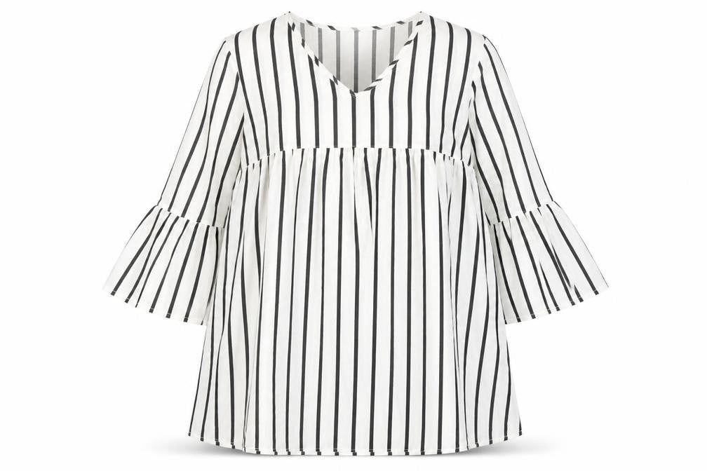 Front view of Boohoo women’s white striped polyester a-line, size UK 14, v-neck pullover