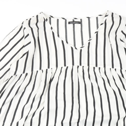 Boohoo Womens White Striped Polyester A-Line Size 14 V-Neck Pullover